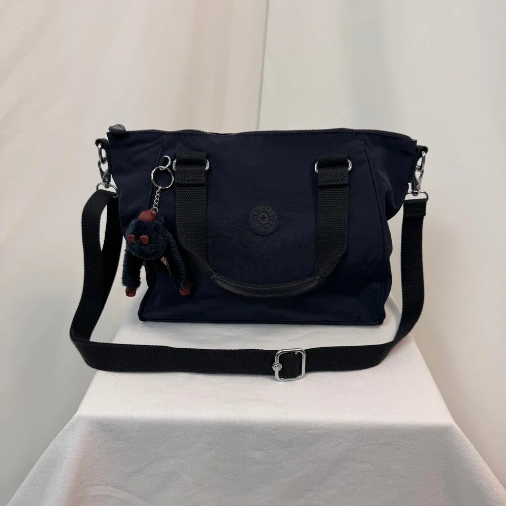 Kipling Satchel Handbag Women Medium Navy Blue Nylon Crossbody with Bag Charm